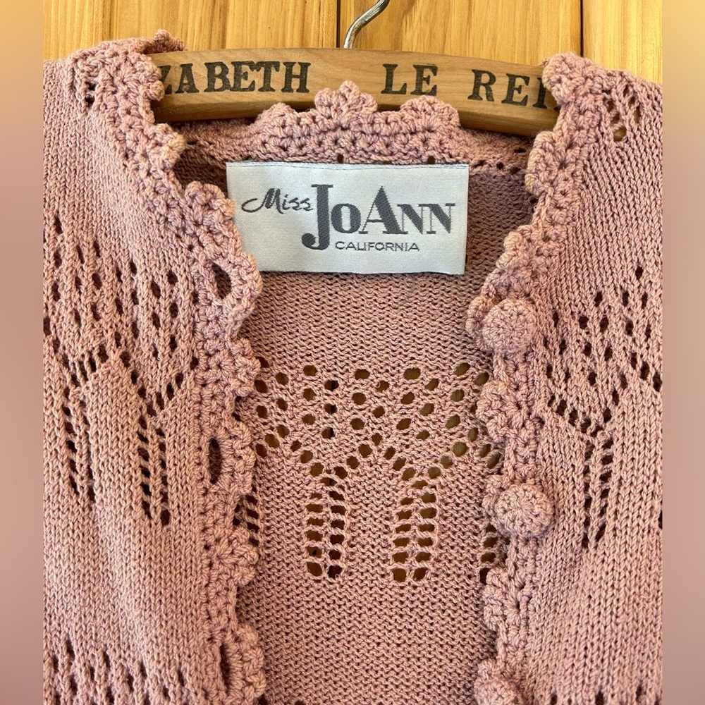Vintage 70s Pink Pointelle Crochet Miss JoAnn California Sweater Knit Midi Dress